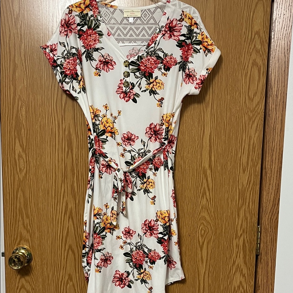 Bobbie Brooks White Dress with Red and Orange Floral Design
